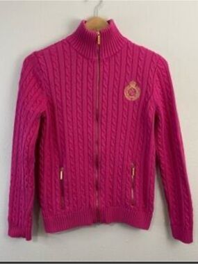 Vintage LRL gold heritage logo sweater cardigan XL pink 100% cotton Y2K preppy